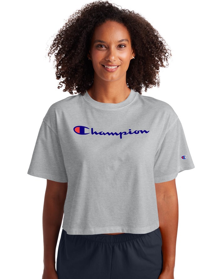 Champion T-Shirt Dames - Grijs - Cropped Script Logo ( 107983-HNJ )